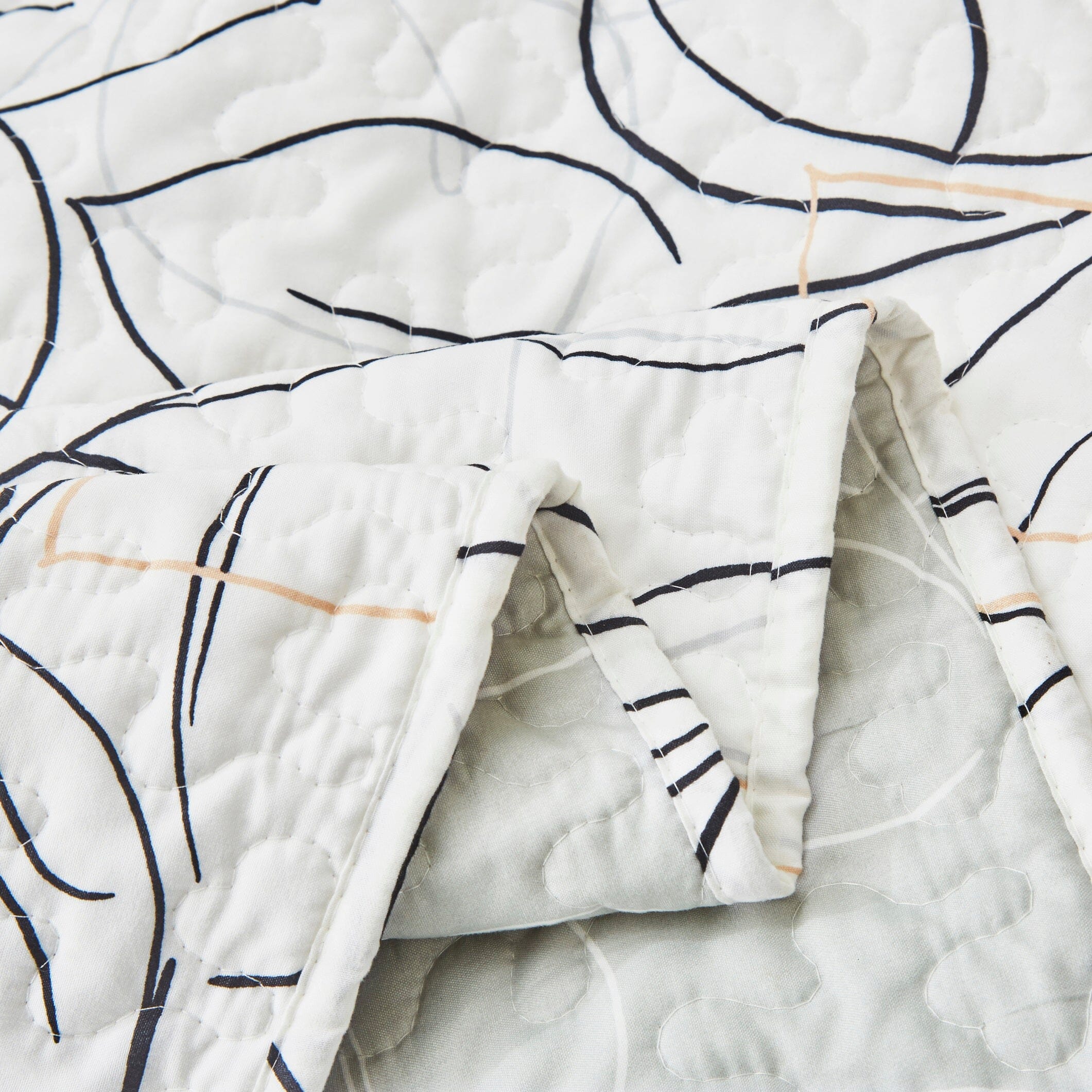 Modern Abstract Leaf Line Art Foliage White Grey Black Gold Reversible Quilt Set