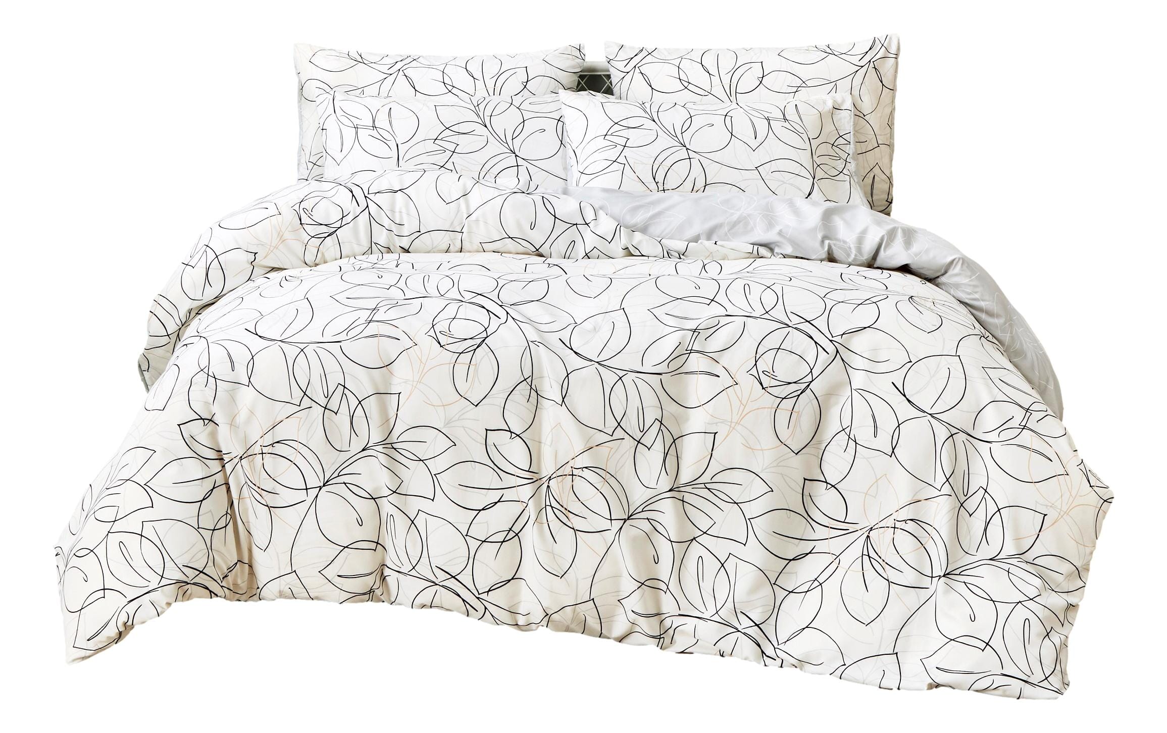 Modern Abstract Leaf Line Art Foliage White Grey Black Gold Reversible Duvet Cover