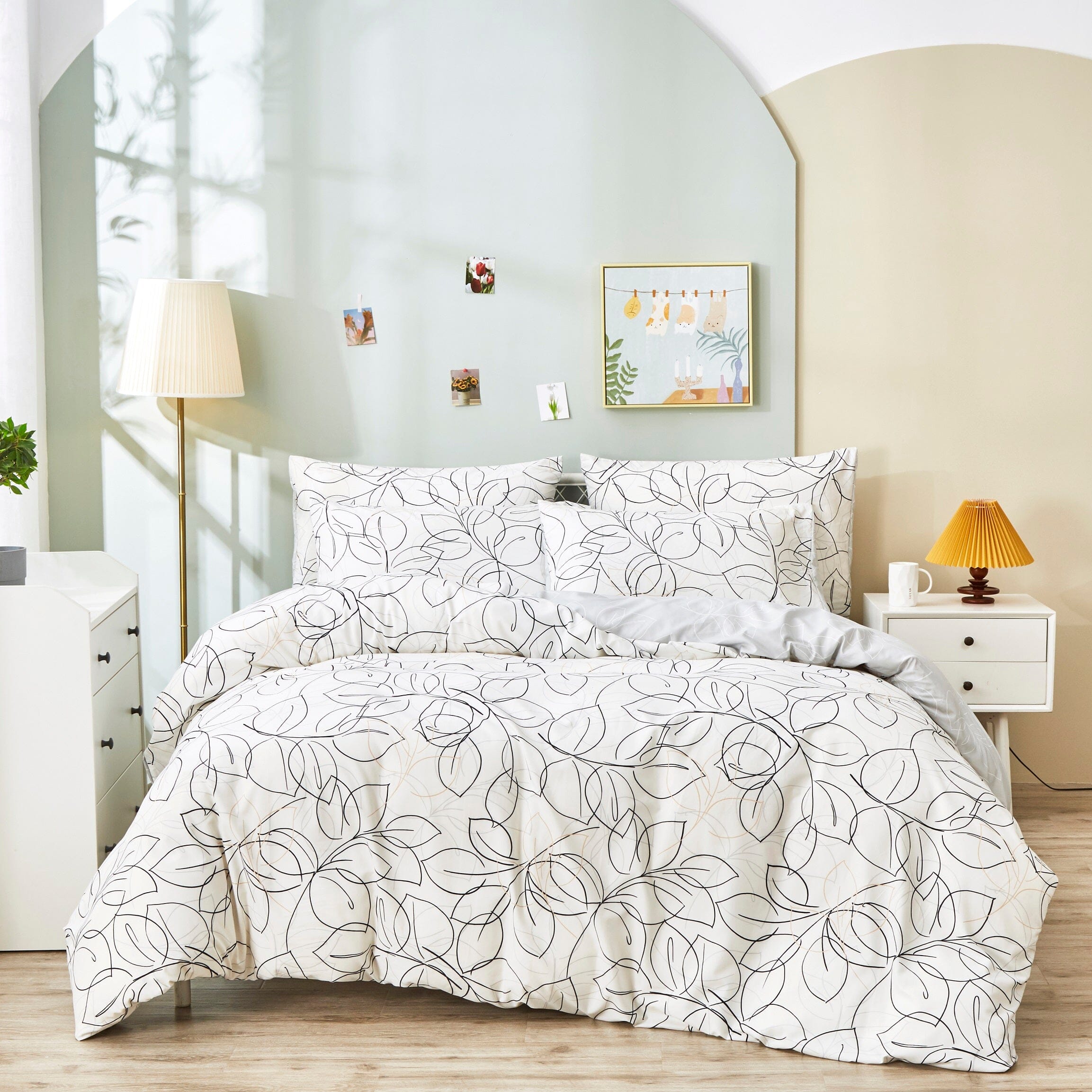 Modern Abstract Leaf Line Art Foliage White Grey Black Gold Reversible Duvet Cover