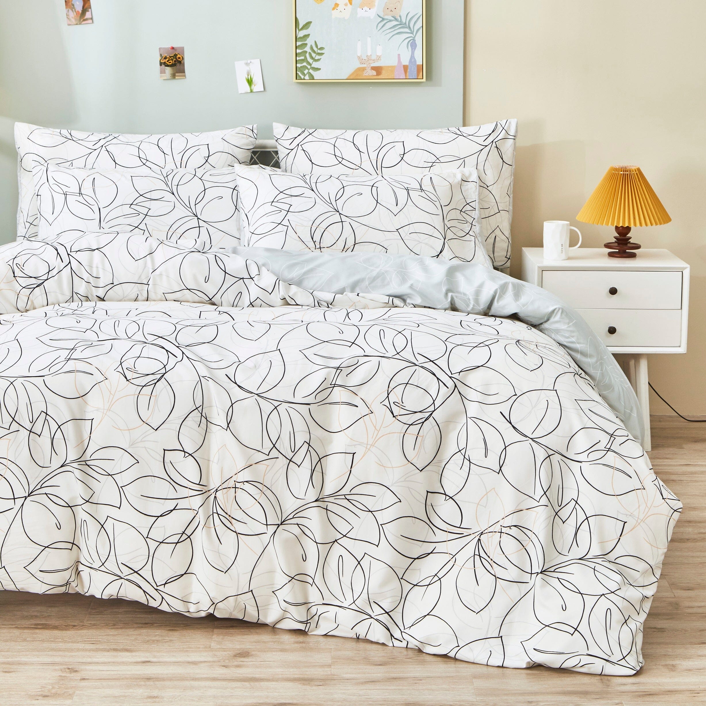 Modern Abstract Leaf Line Art Foliage White Grey Black Gold Reversible Duvet Cover
