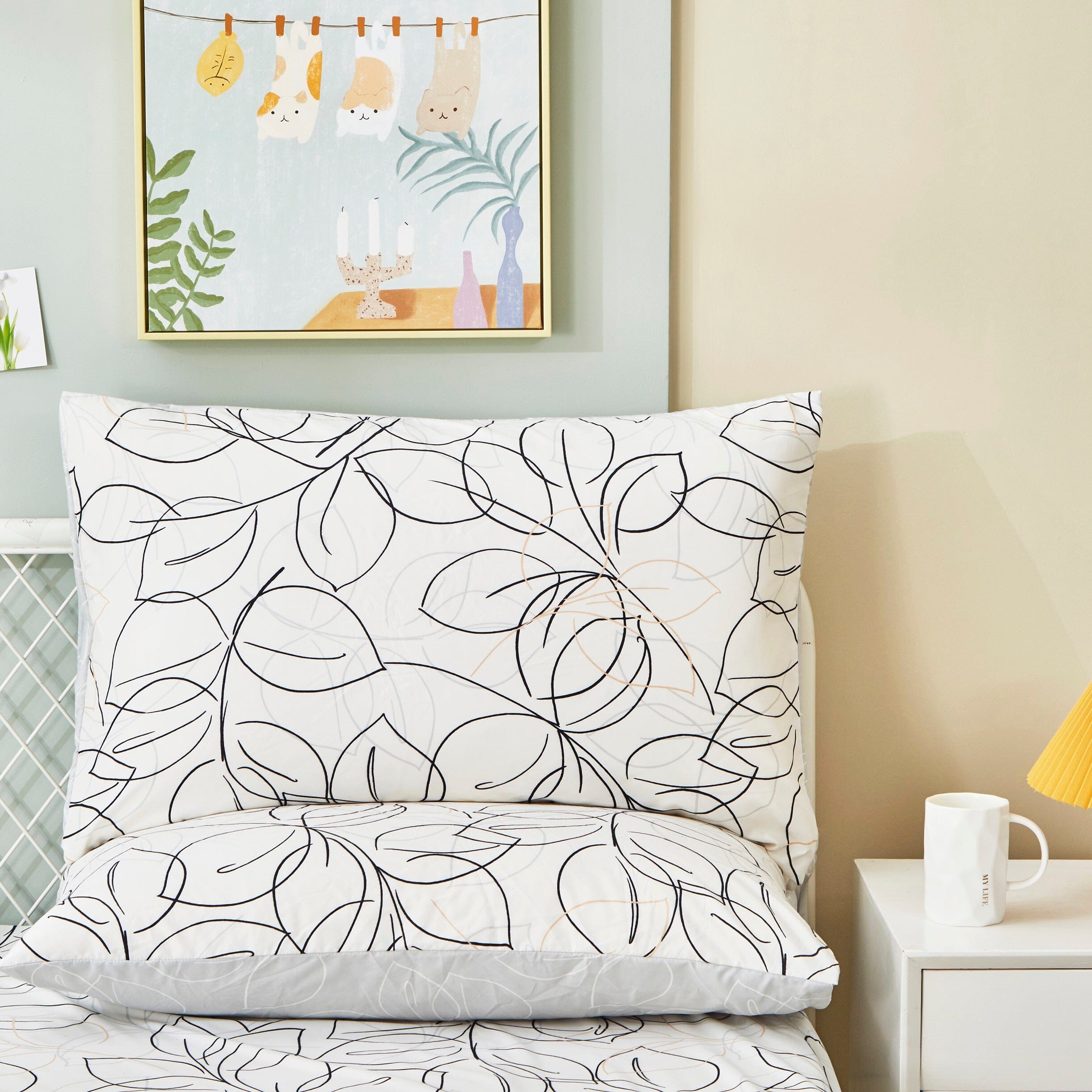 Modern Abstract Leaf Line Art Foliage White Grey Black Gold Reversible Duvet Cover