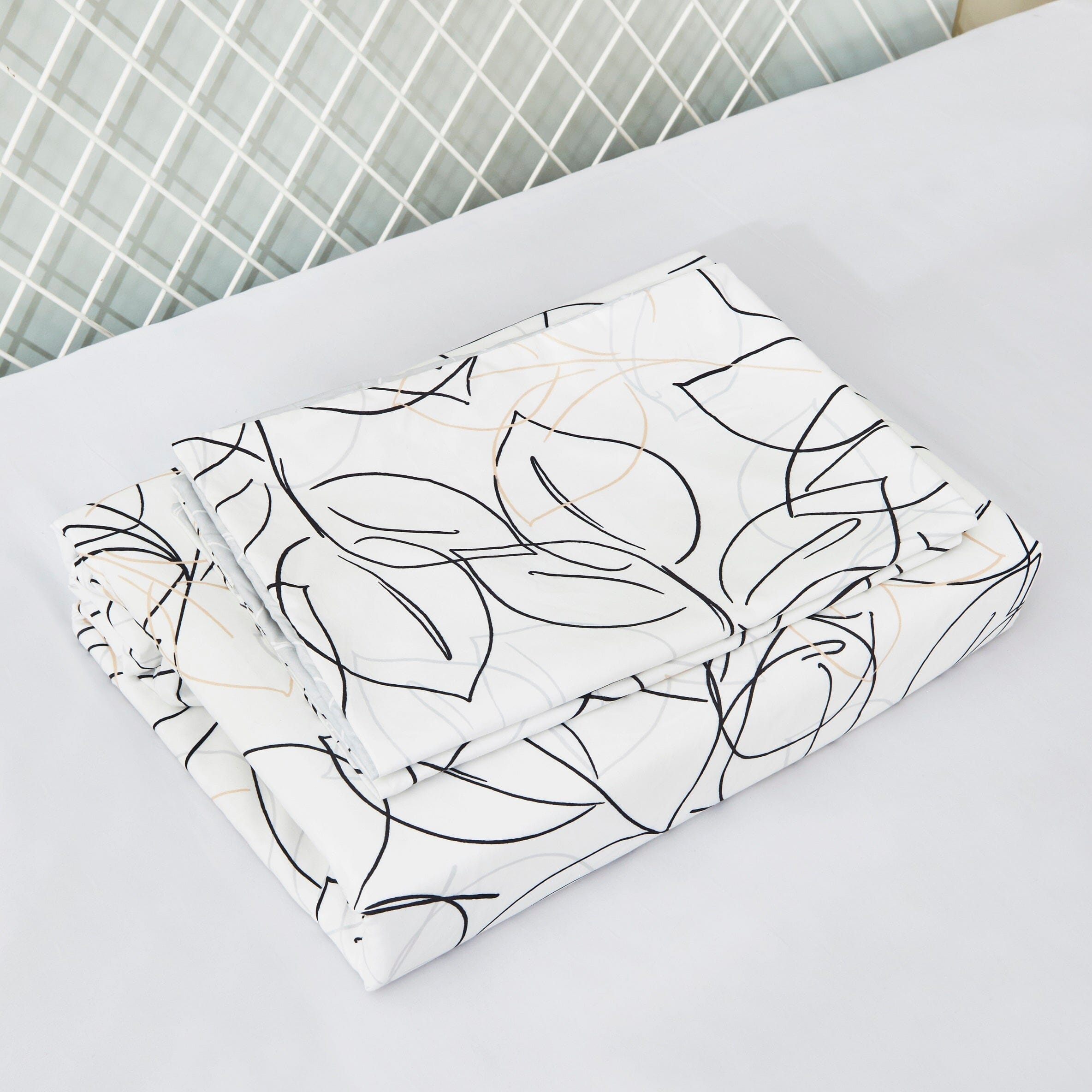 Modern Abstract Leaf Line Art Foliage White Grey Black Gold Reversible Duvet Cover