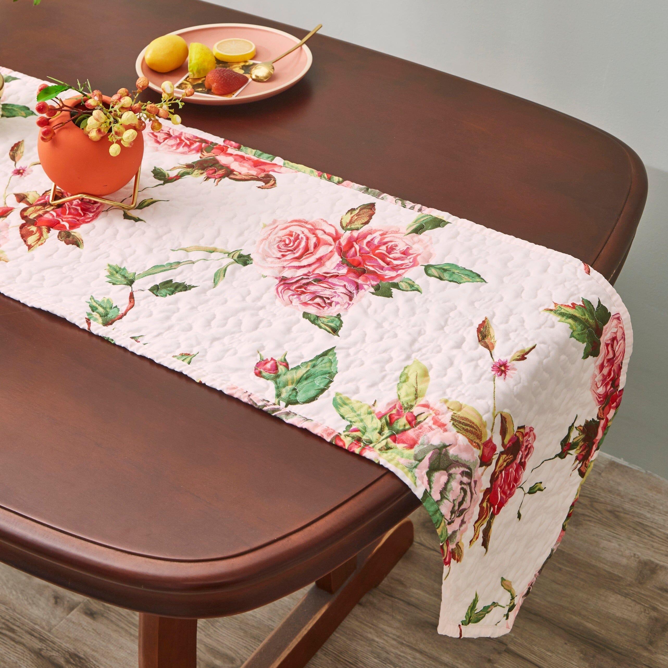 Romantic Roses Pink White Lovely Floral Quilted Dining Table Runner
