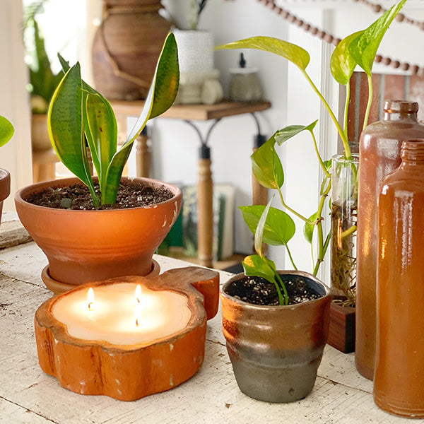 Hand-Carved Wooden Pumpkin Bowl with Candle