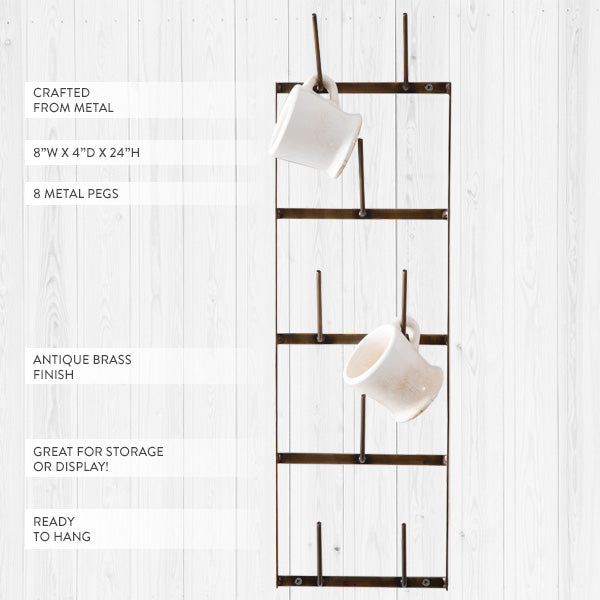 Antique Brass Blacksmith Wall Mug Rack