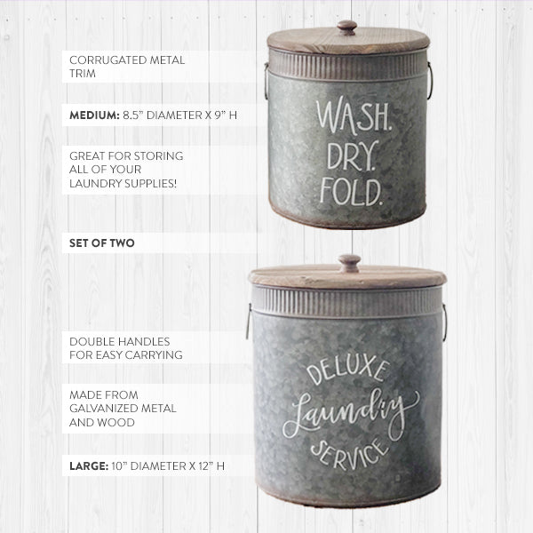 Galvanized Metal Deluxe Laundry Bins, Set of 2