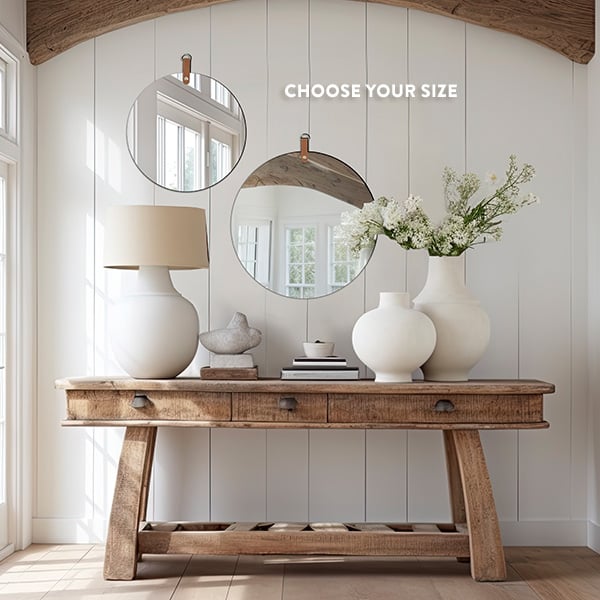 Round Wall Mirror with Leather Like Hanger, Pick Your Size
