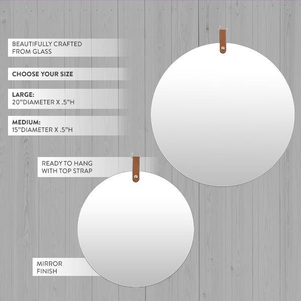 Round Wall Mirror with Leather Like Hanger, Pick Your Size