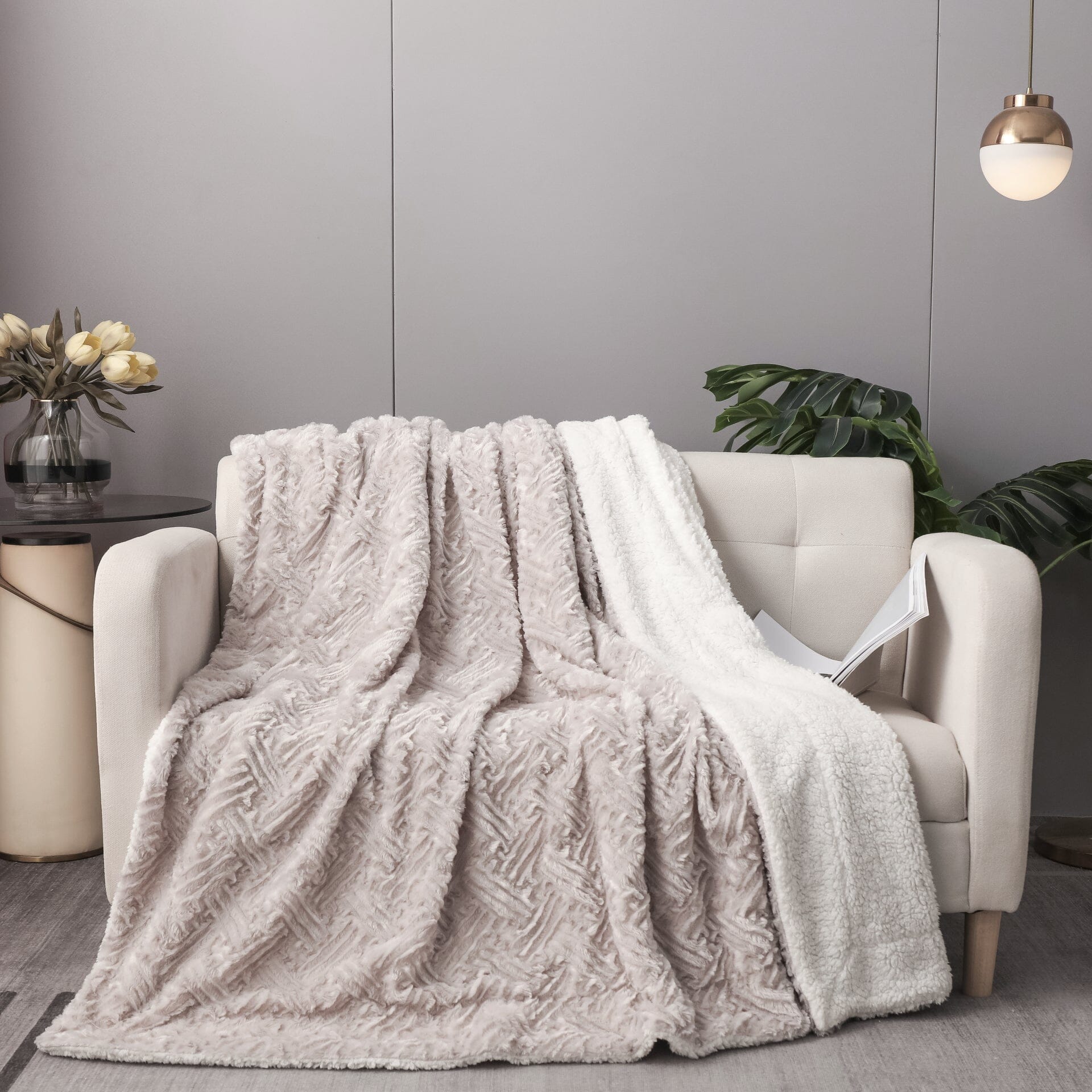 Lavender Grey Faux Fur Throw Blanket - Dreamy Geometric Embossed Sherpa Backside - Super Soft Warm Cozy Plush Fluffy-Tolkye