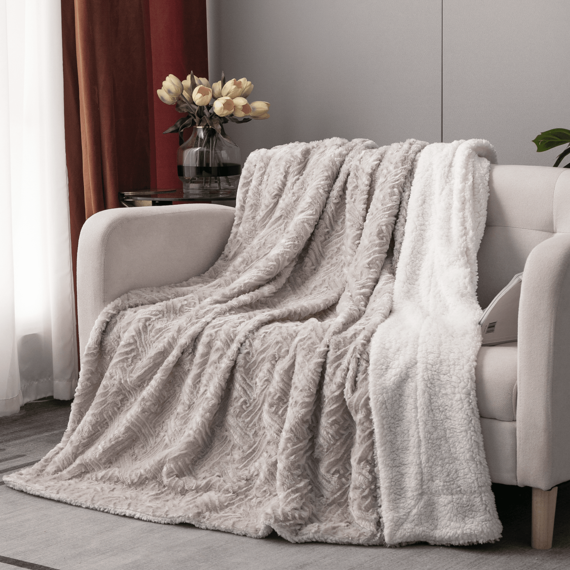 Lavender Grey Faux Fur Throw Blanket - Dreamy Geometric Embossed Sherpa Backside - Super Soft Warm Cozy Plush Fluffy-Tolkye