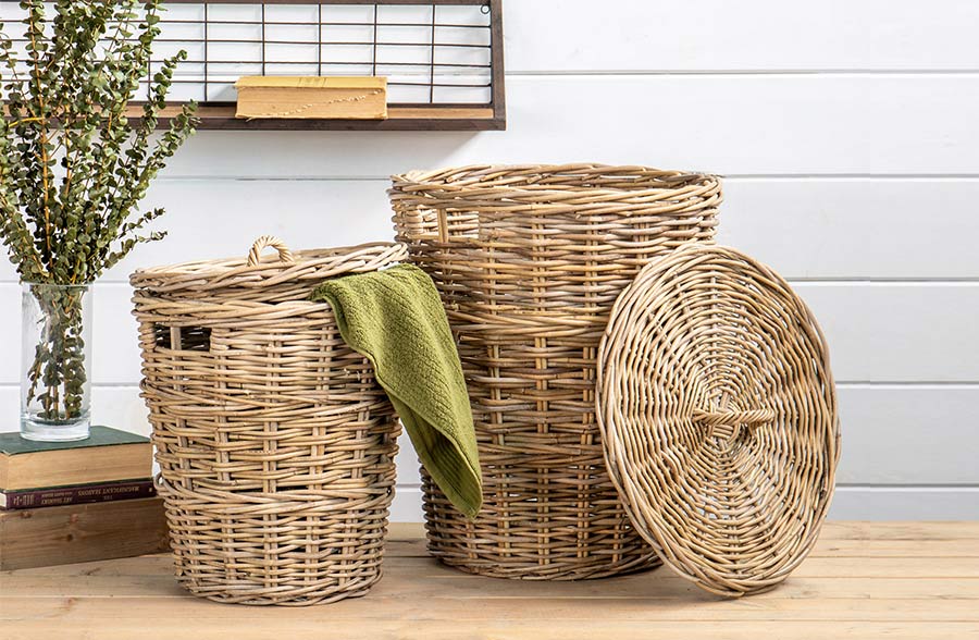 Round Rattan Storage Basket with Lids, Set of Two