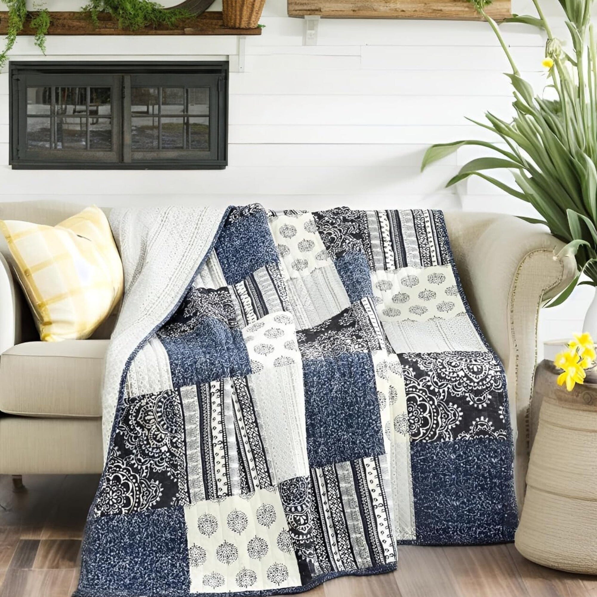 Navy Blue Patchwork Quilted Lap Throw Blanket – Farmhouse Cottage Style Cotton Throw – Ideal for Sofa or Bed – 50" x 60"-Tolkye