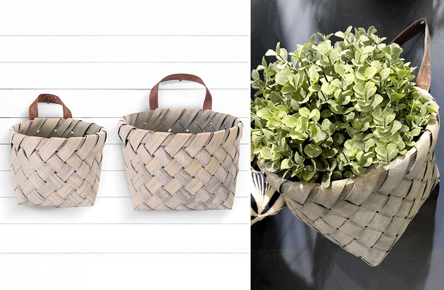 Woven Baskets with Leather Handles, Set of 2