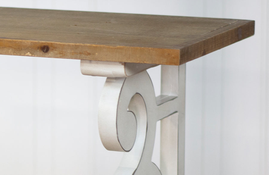 Whitewashed Scroll Detail Wooden Console Table