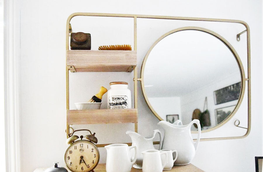 Round Vanity Wall Mirror with Shelving