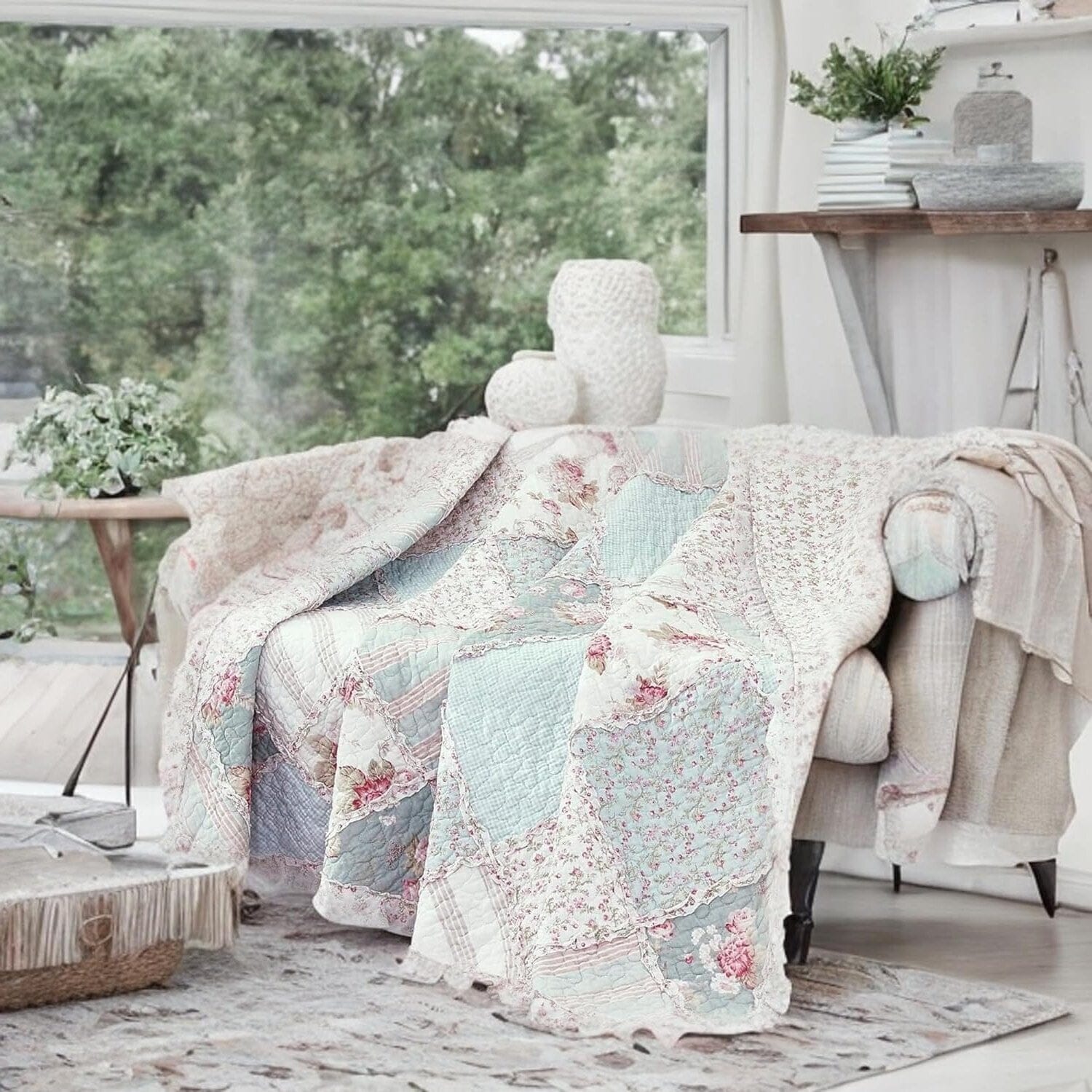 Cotton Cottage Floral Patchwork Quilted Throw Blanket - Reversible Hint of Mint - Ruffle Pastel Light Pink Blue/Green - 50 x 60-Tolkye