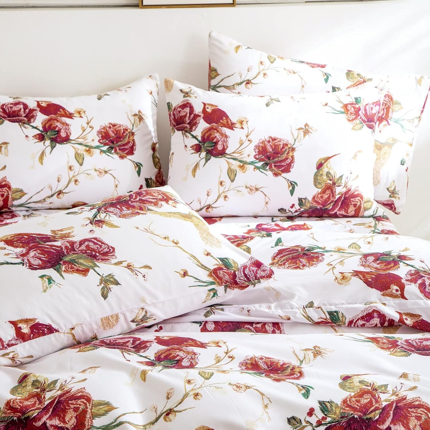 Floral Hummingbirds Burgundy White Vintage Rose Garden Pillowcase