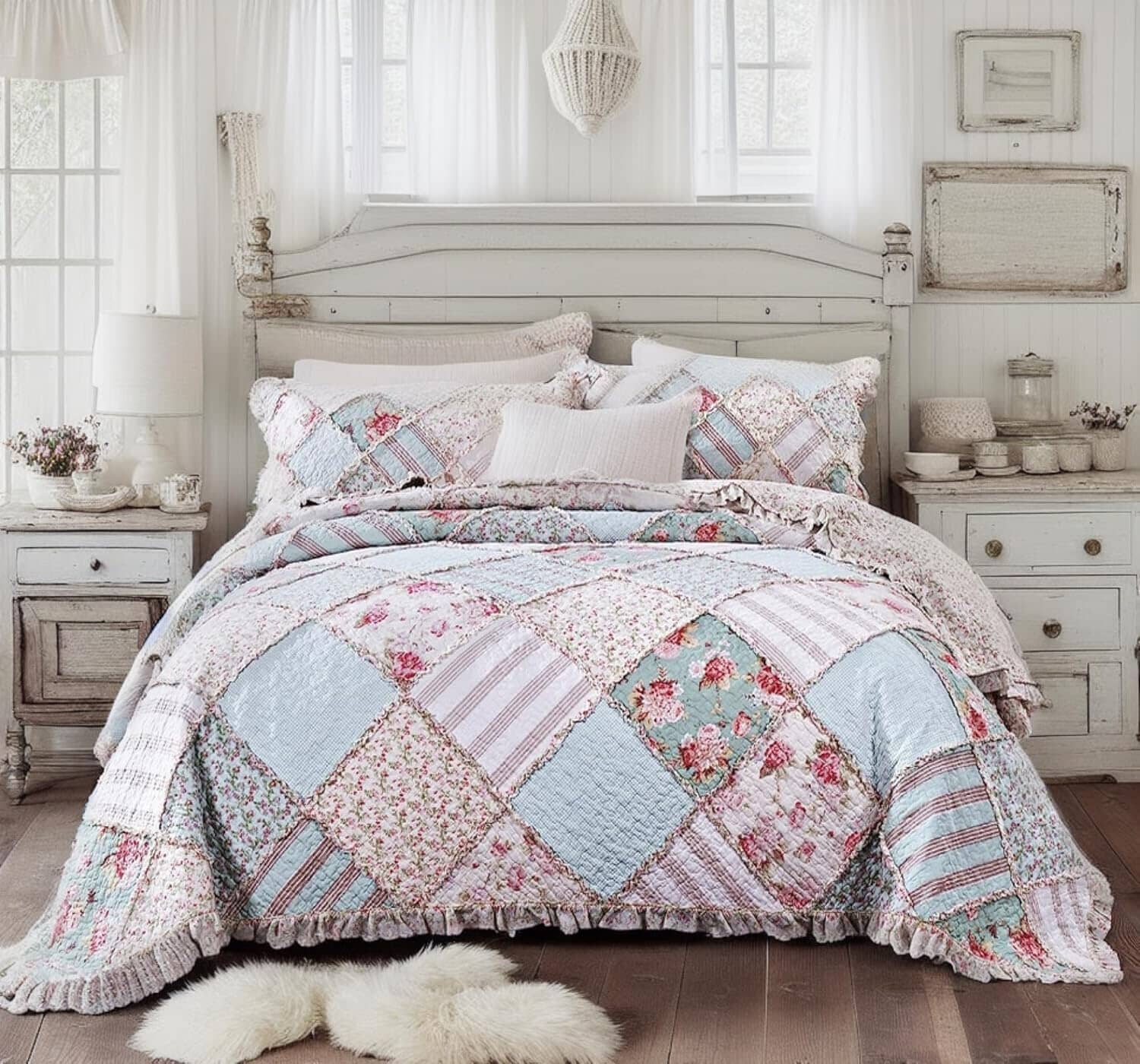 Hint of Mint Floral Pastel Cotton Patchwork Ruffle Bedspread Set