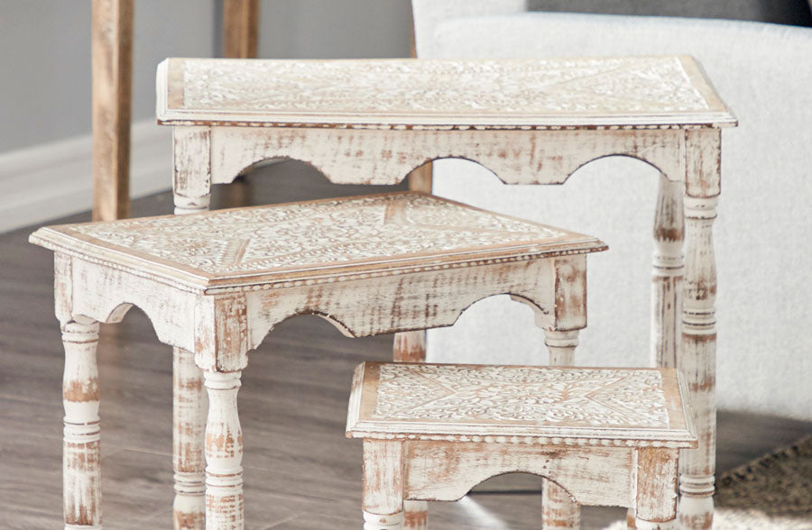 Whitewashed Scalloped Nesting Tables, Set of 3