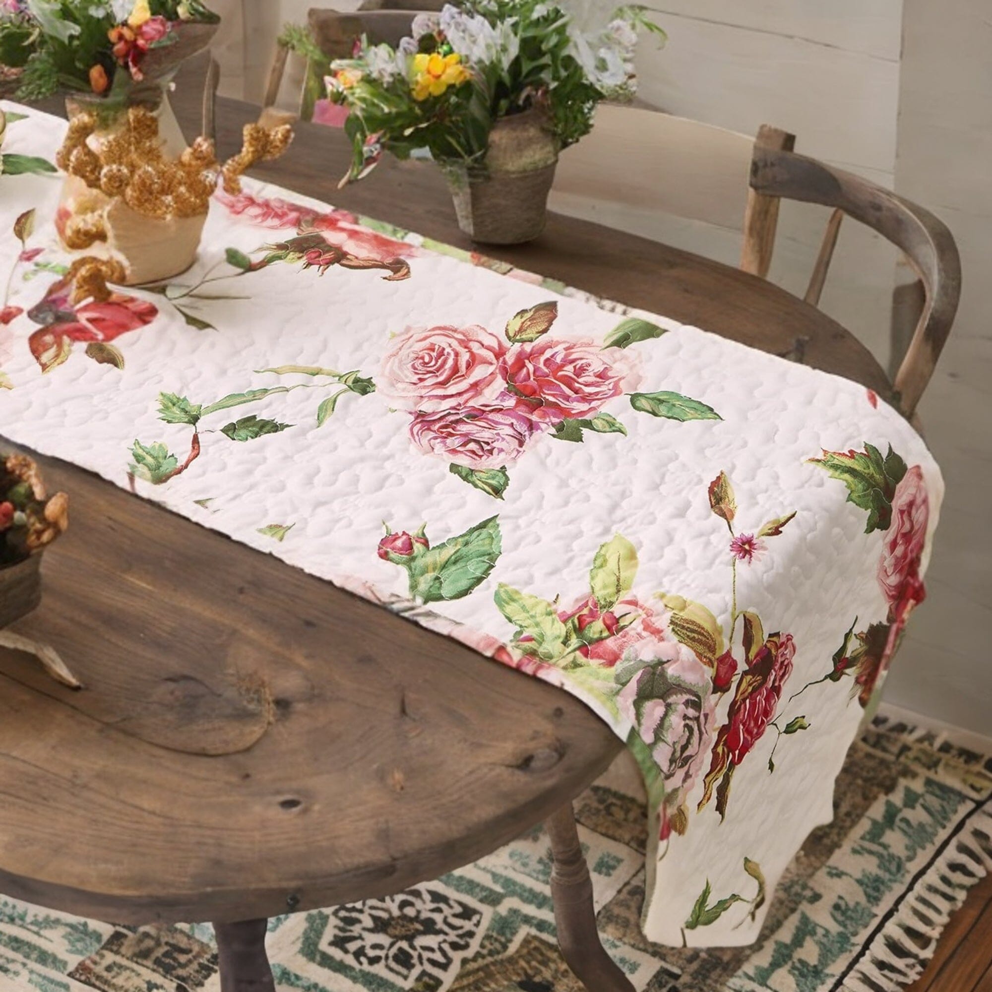 Romantic Roses Pink White Lovely Floral Quilted Dining Table Runner