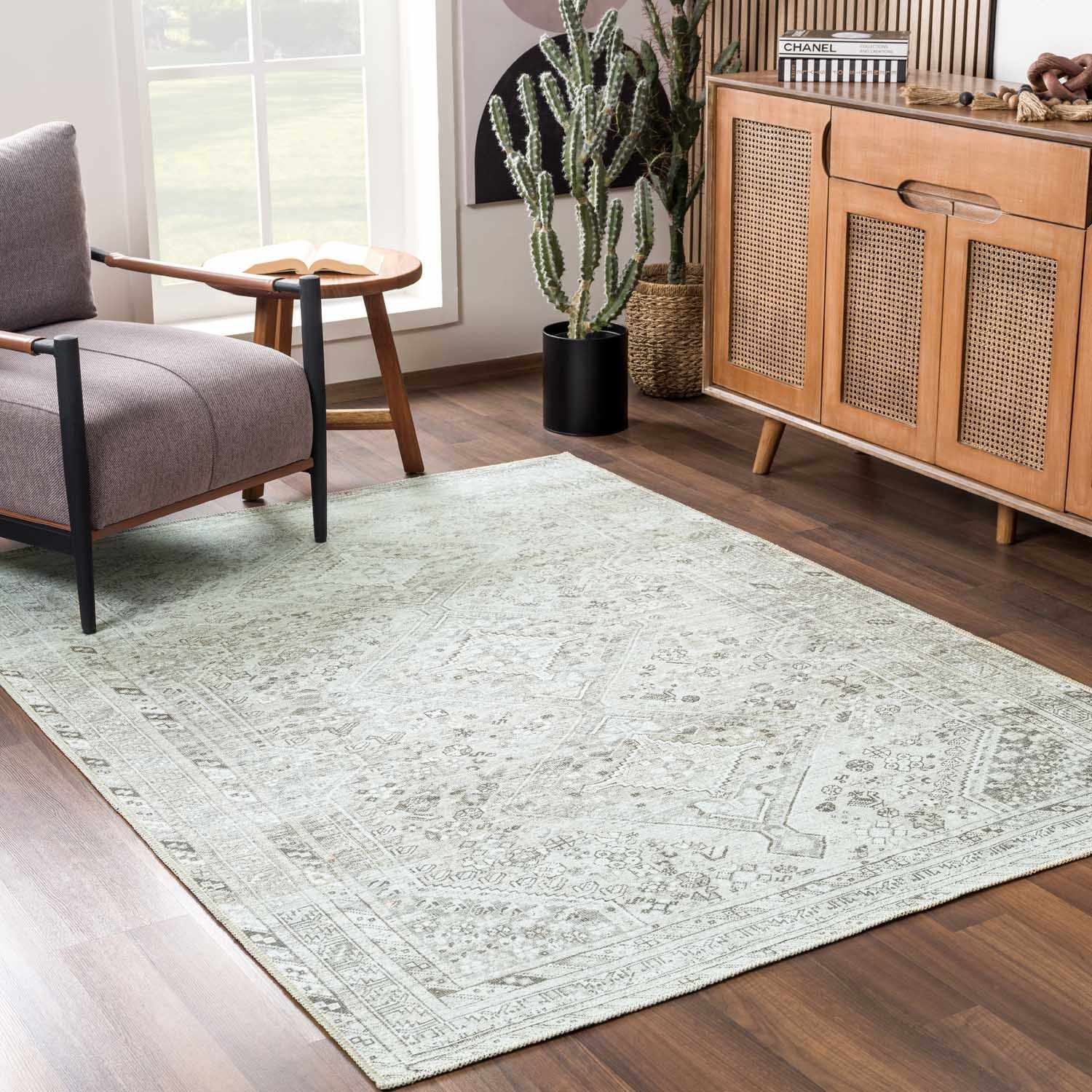 Traditional Cream & Sage Washable Rug