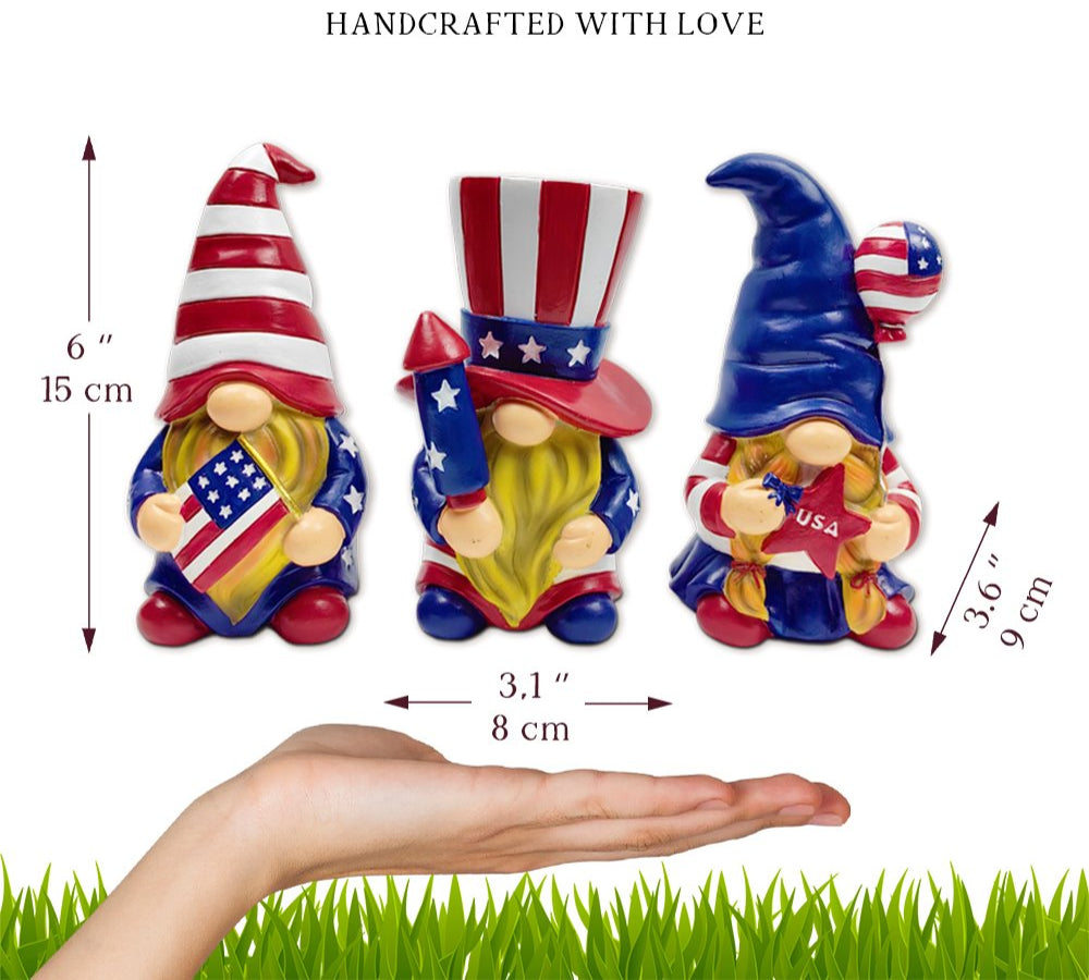Patriotic Gnome Trio Figurines, 6" Set of Three Garden Statues and July 4th Decoration