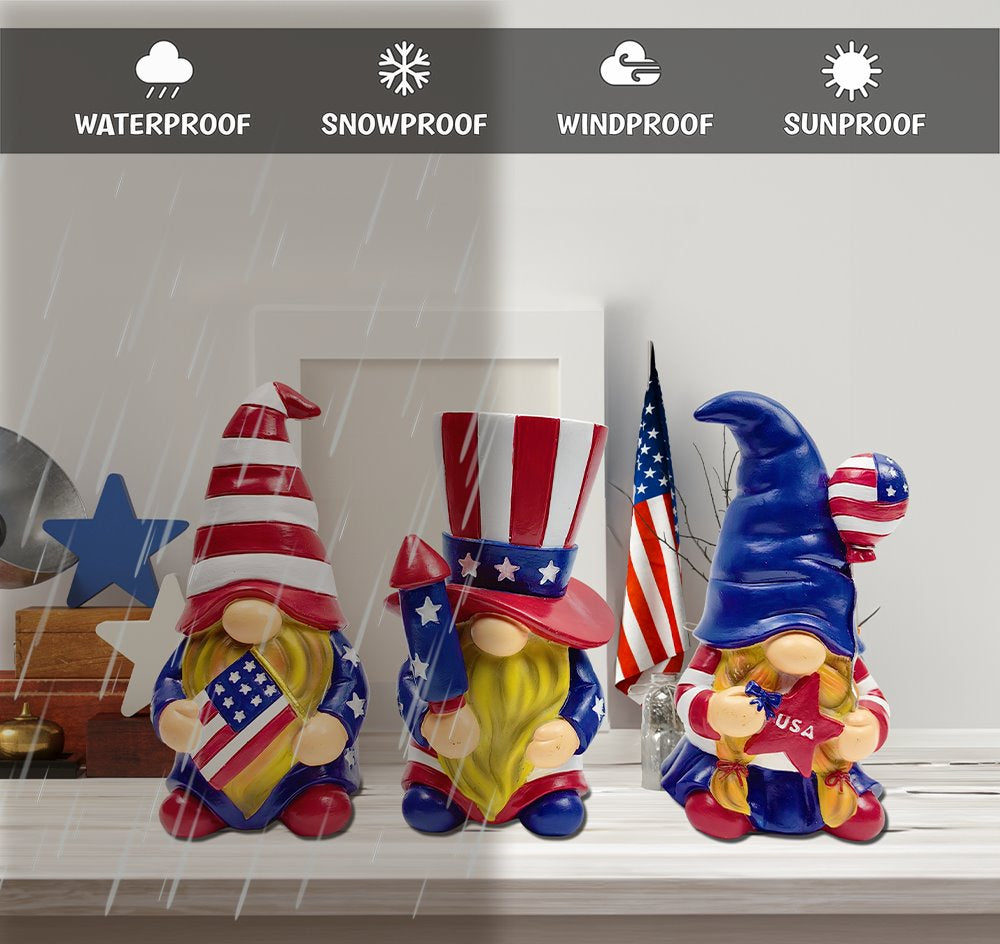 Patriotic Gnome Trio Figurines, 6" Set of Three Garden Statues and July 4th Decoration