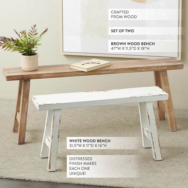 Distressed Antique Inspired Wooden Bench, Set of Two