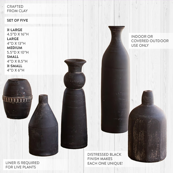 Hand Sculpted Black Clay Vases, Set of 5