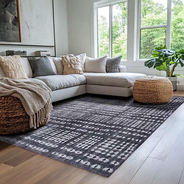 Abstract Charcoal Plaid Area Rug, Pick Your Size