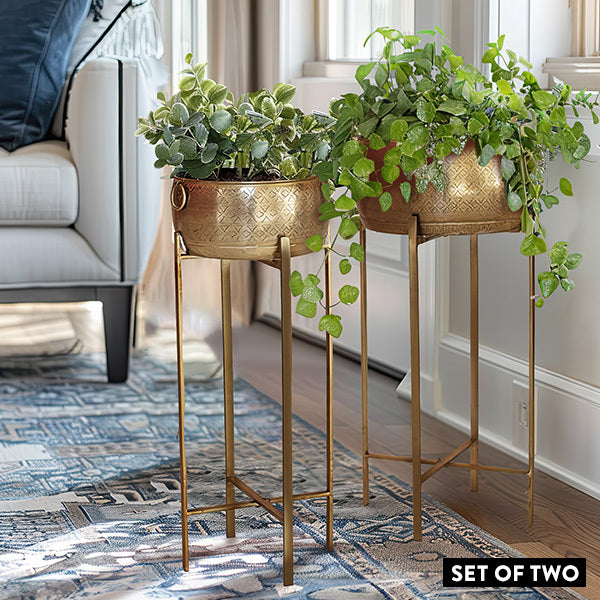 Brass Finish Planters With Stands, Set of 2