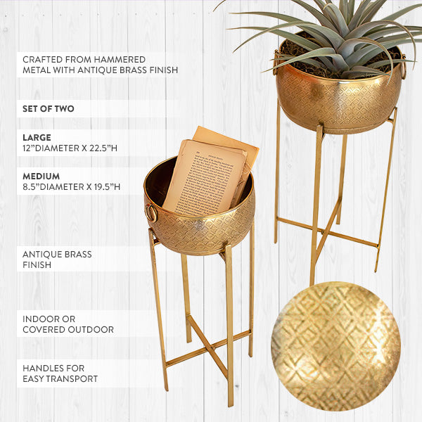Brass Finish Planters With Stands, Set of 2