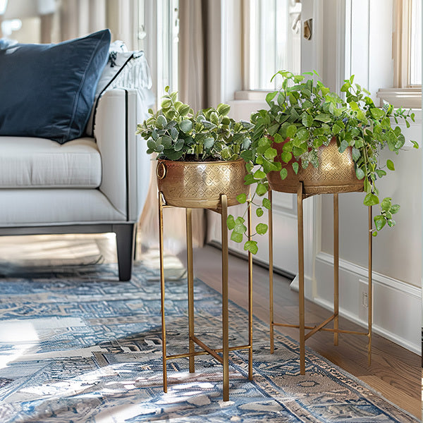 Brass Finish Planters With Stands, Set of 2