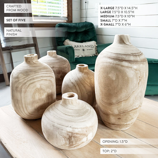 Carved Bulb Wooden Vases, Set of 5