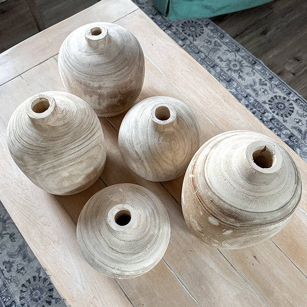 Carved Bulb Wooden Vases, Set of 5