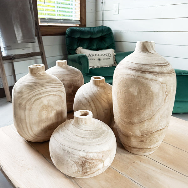 Carved Bulb Wooden Vases, Set of 5