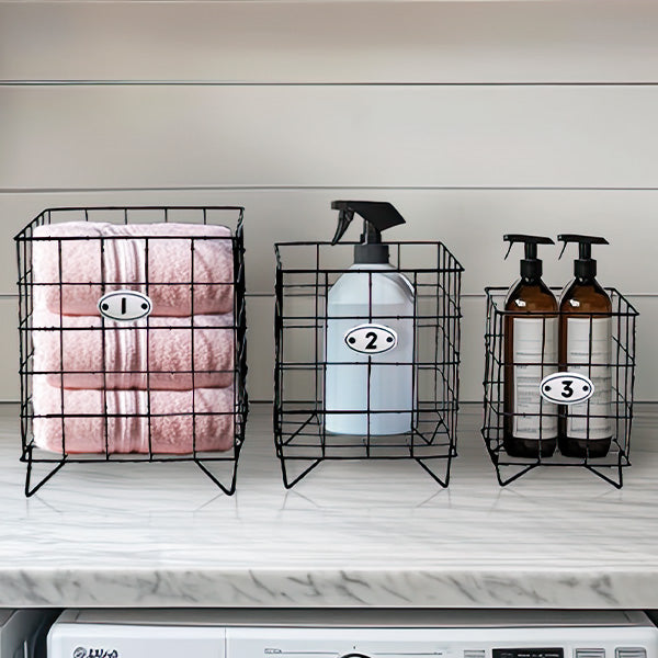 Labeled Black Wire Metal Storage Baskets, Set of Three