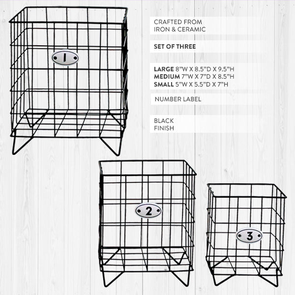 Labeled Black Wire Metal Storage Baskets, Set of Three