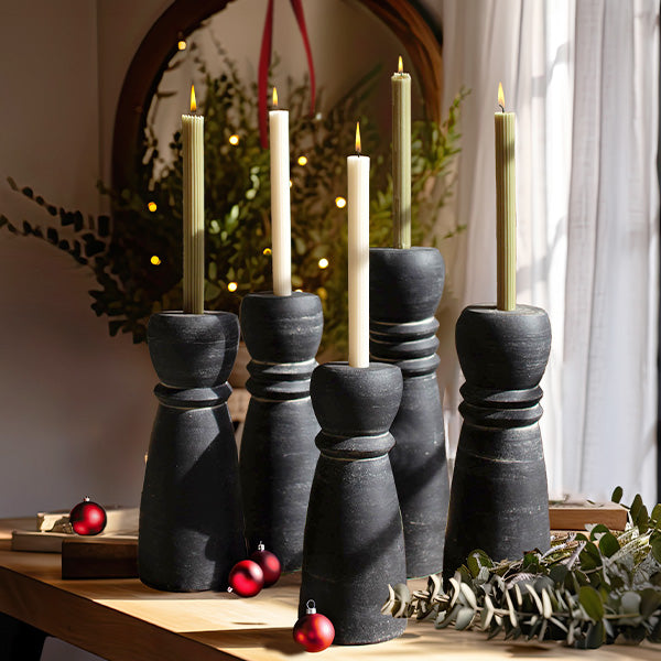 Large Clay Black Taper Candle Holders, Set of 5