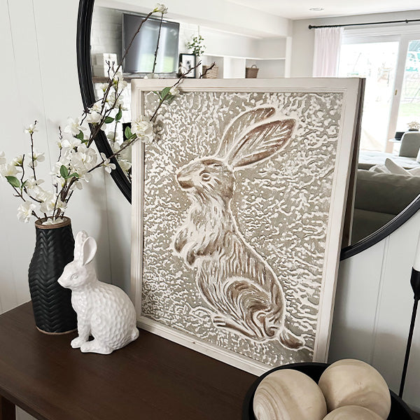 Curious Bunny Textured Metal Sign with Wood Frame