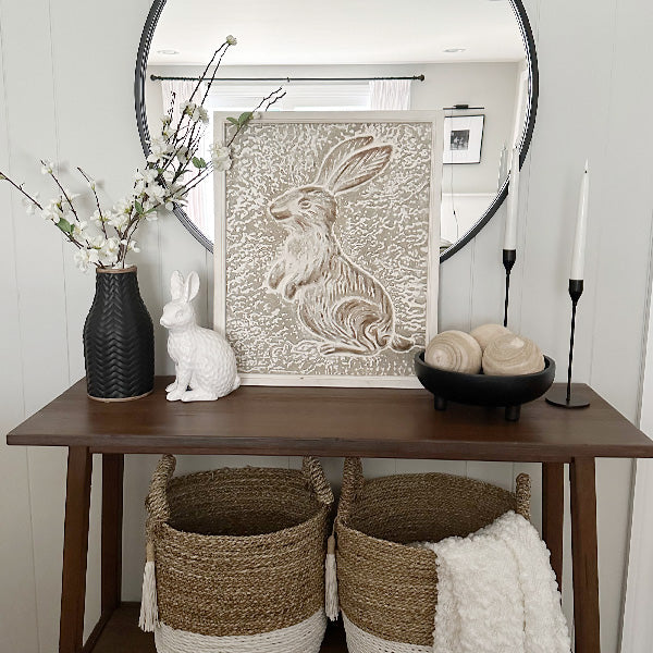 Curious Bunny Textured Metal Sign with Wood Frame