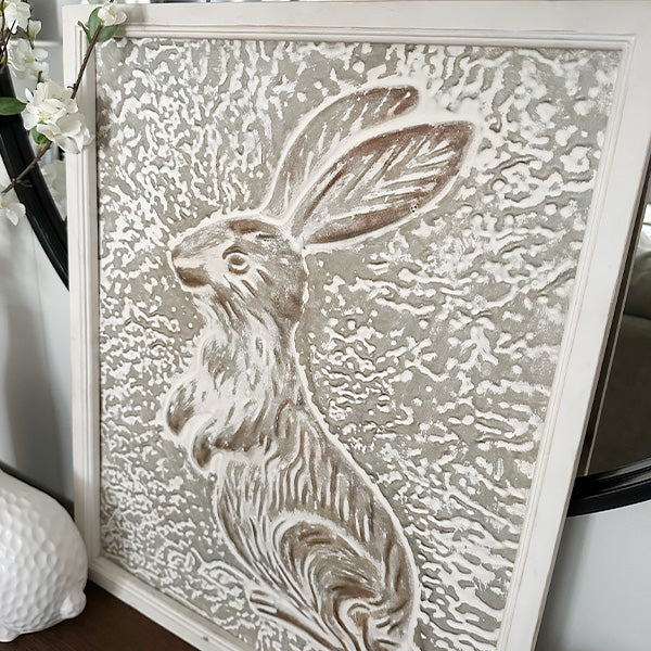Curious Bunny Textured Metal Sign with Wood Frame