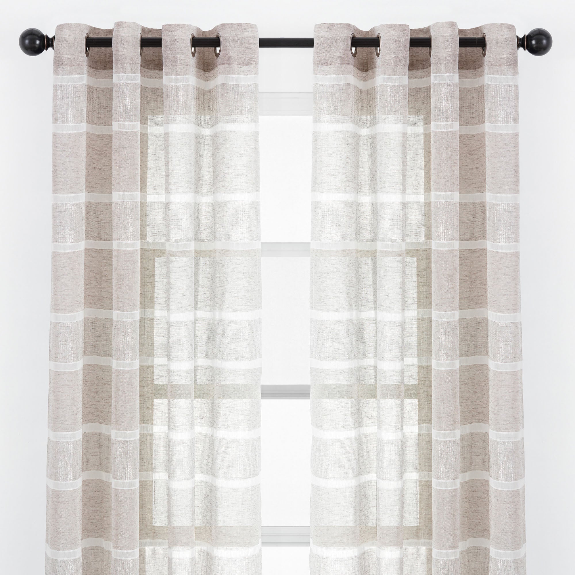 Shimmer Stripe Faux Linen Sheer Grommet Curtains-Tolkye