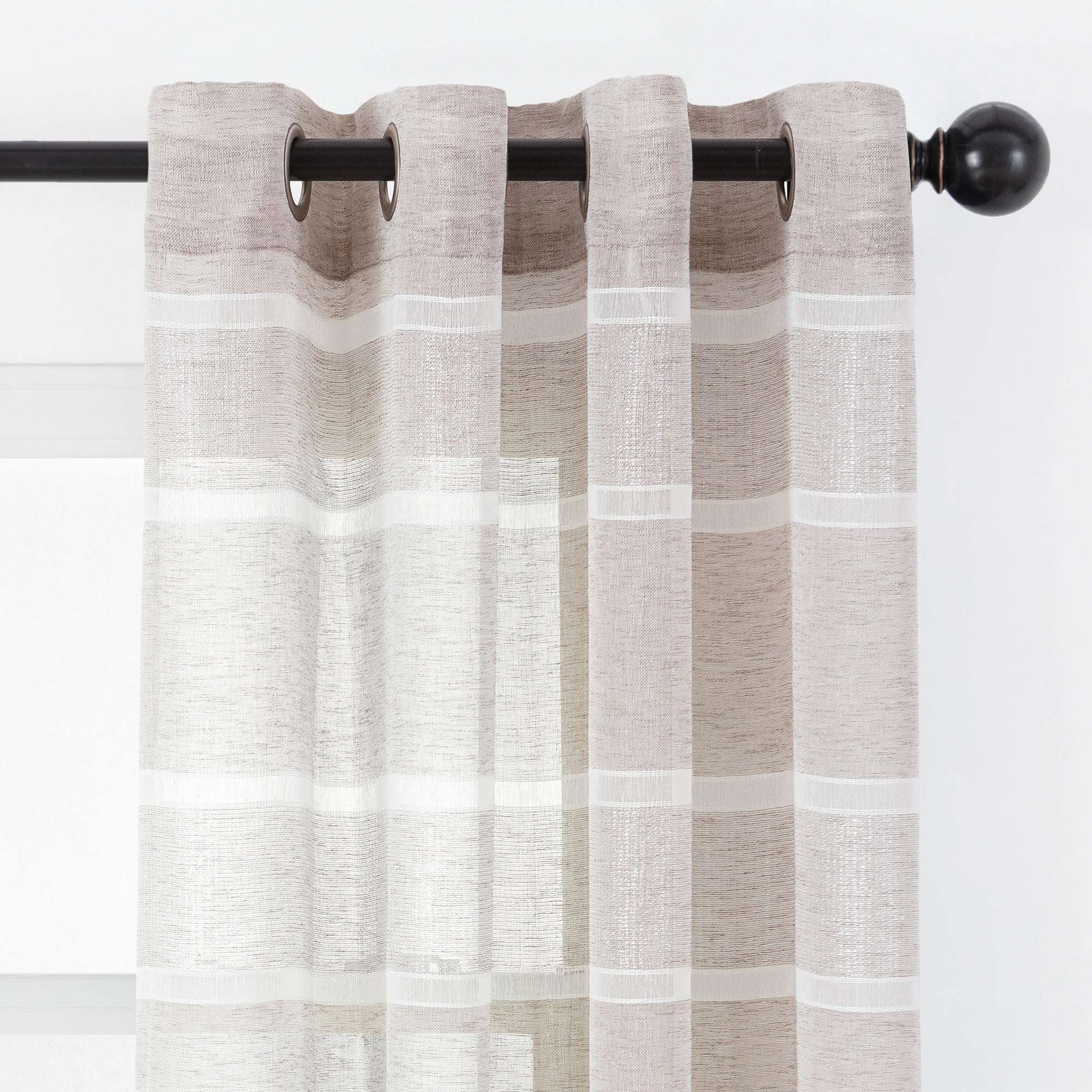 Shimmer Stripe Faux Linen Sheer Grommet Curtains-Tolkye