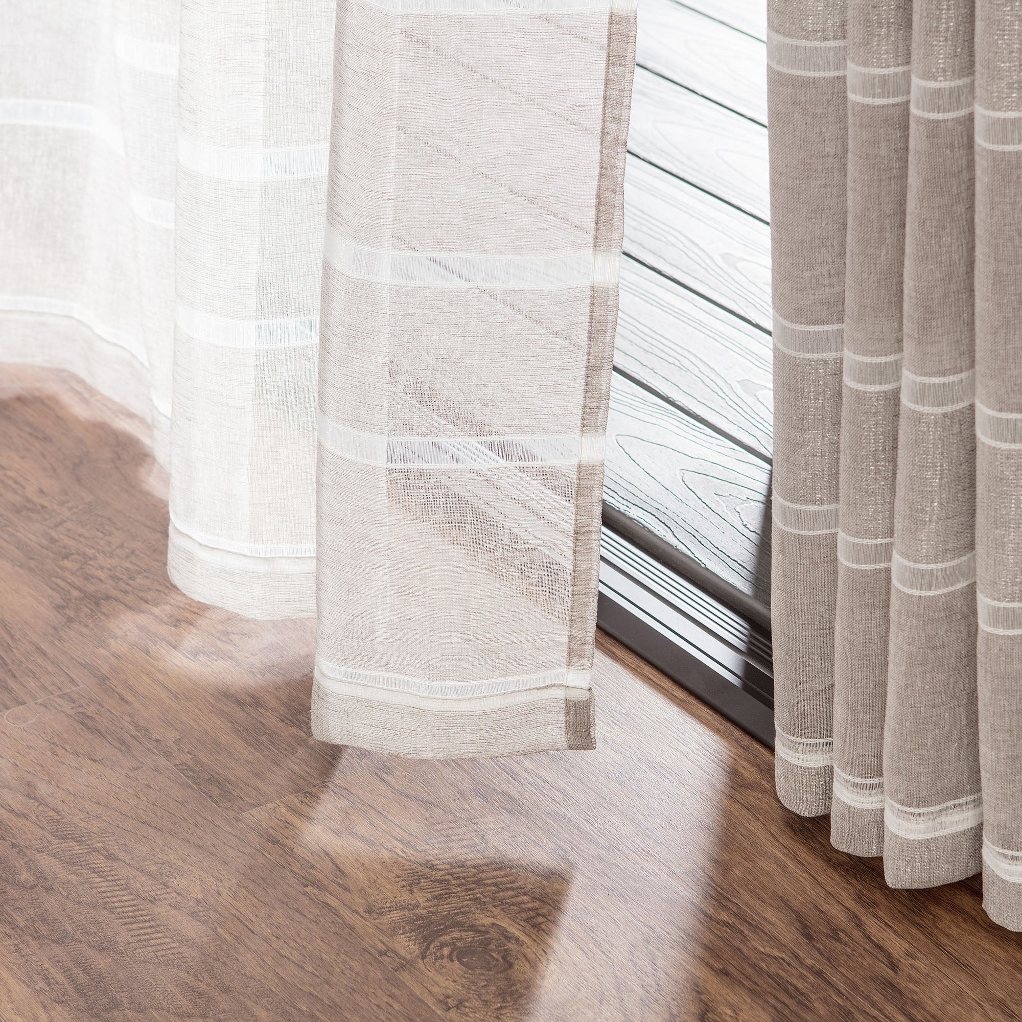 Shimmer Stripe Faux Linen Sheer Grommet Curtains-Tolkye