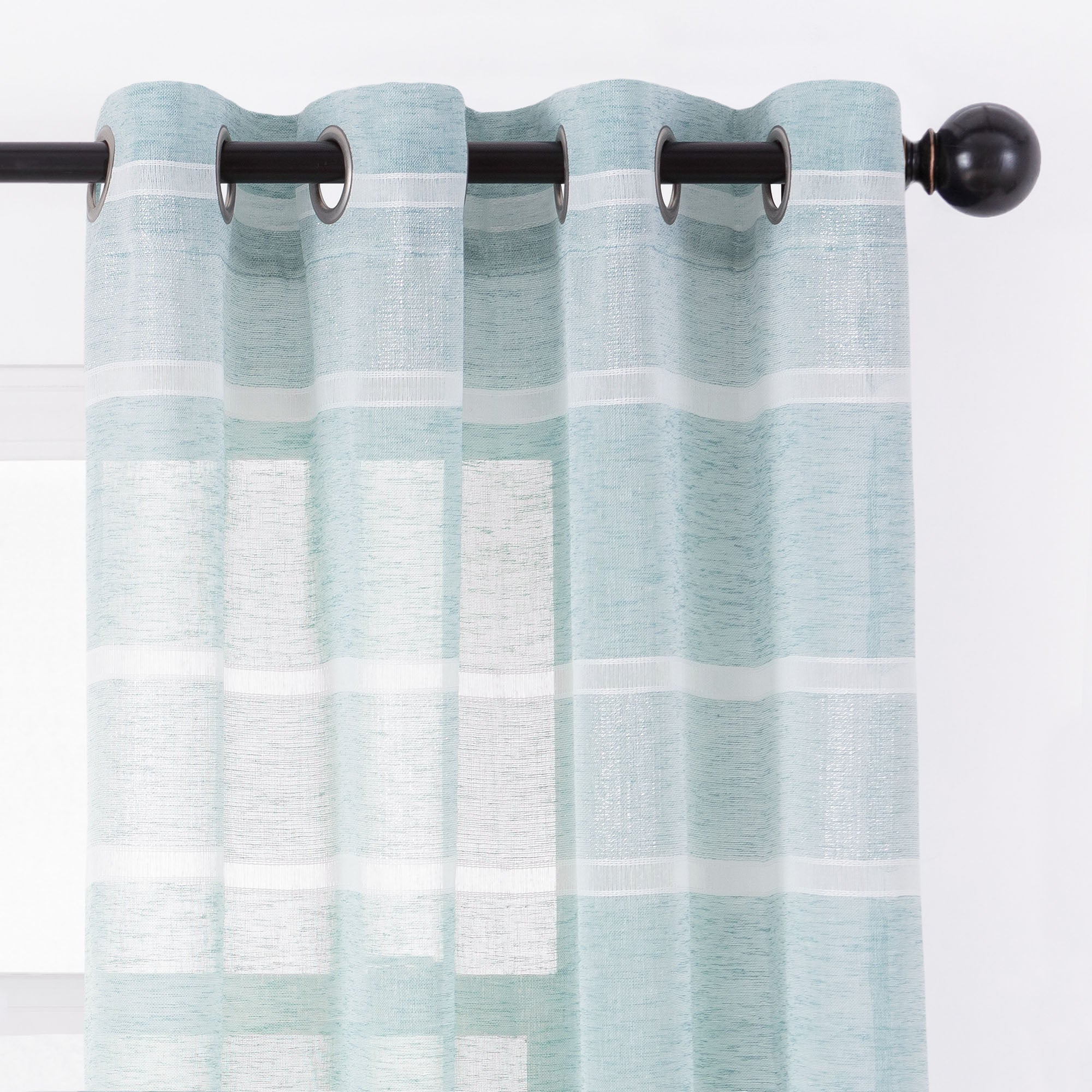 Shimmer Stripe Faux Linen Sheer Grommet Curtains-Tolkye