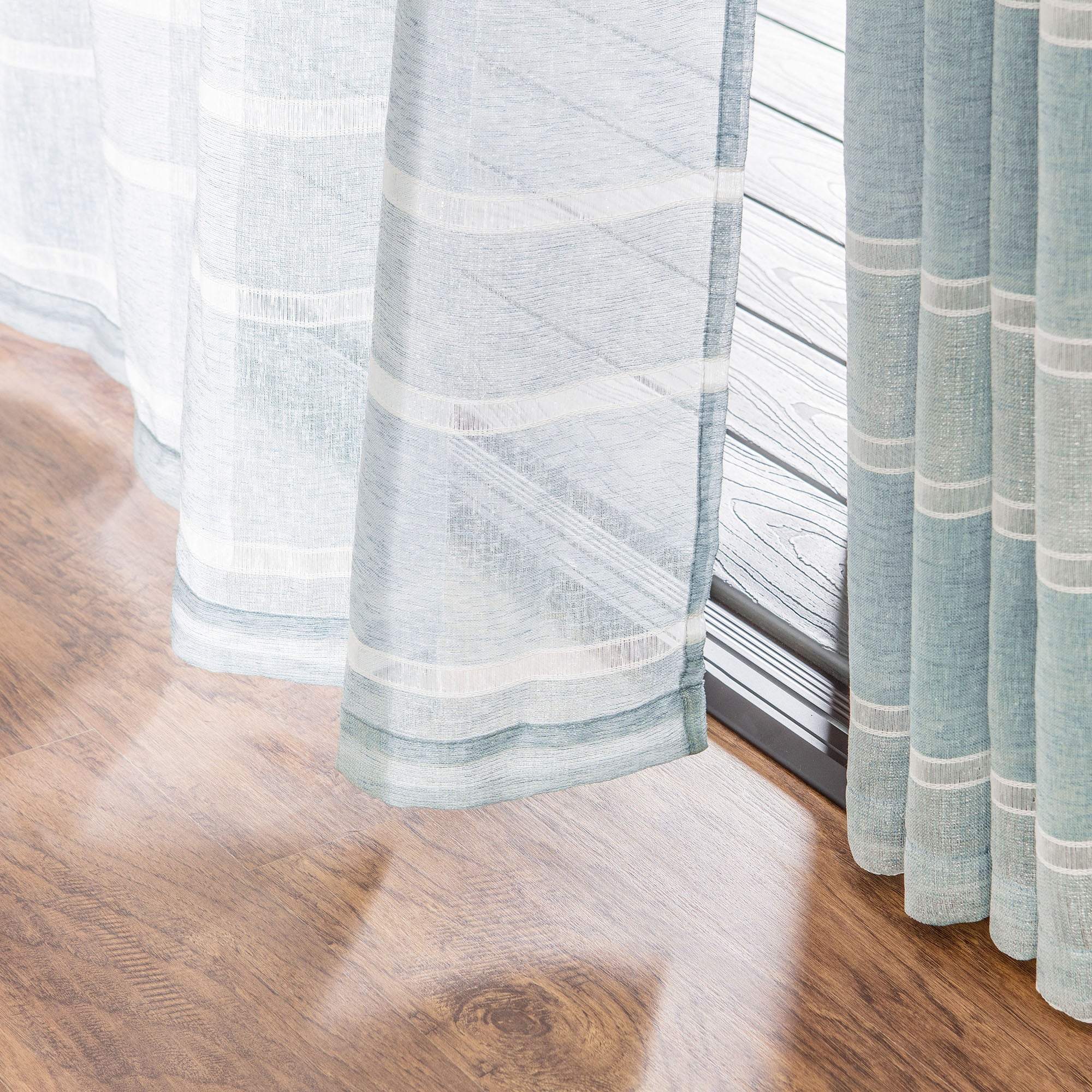 Shimmer Stripe Faux Linen Sheer Grommet Curtains-Tolkye