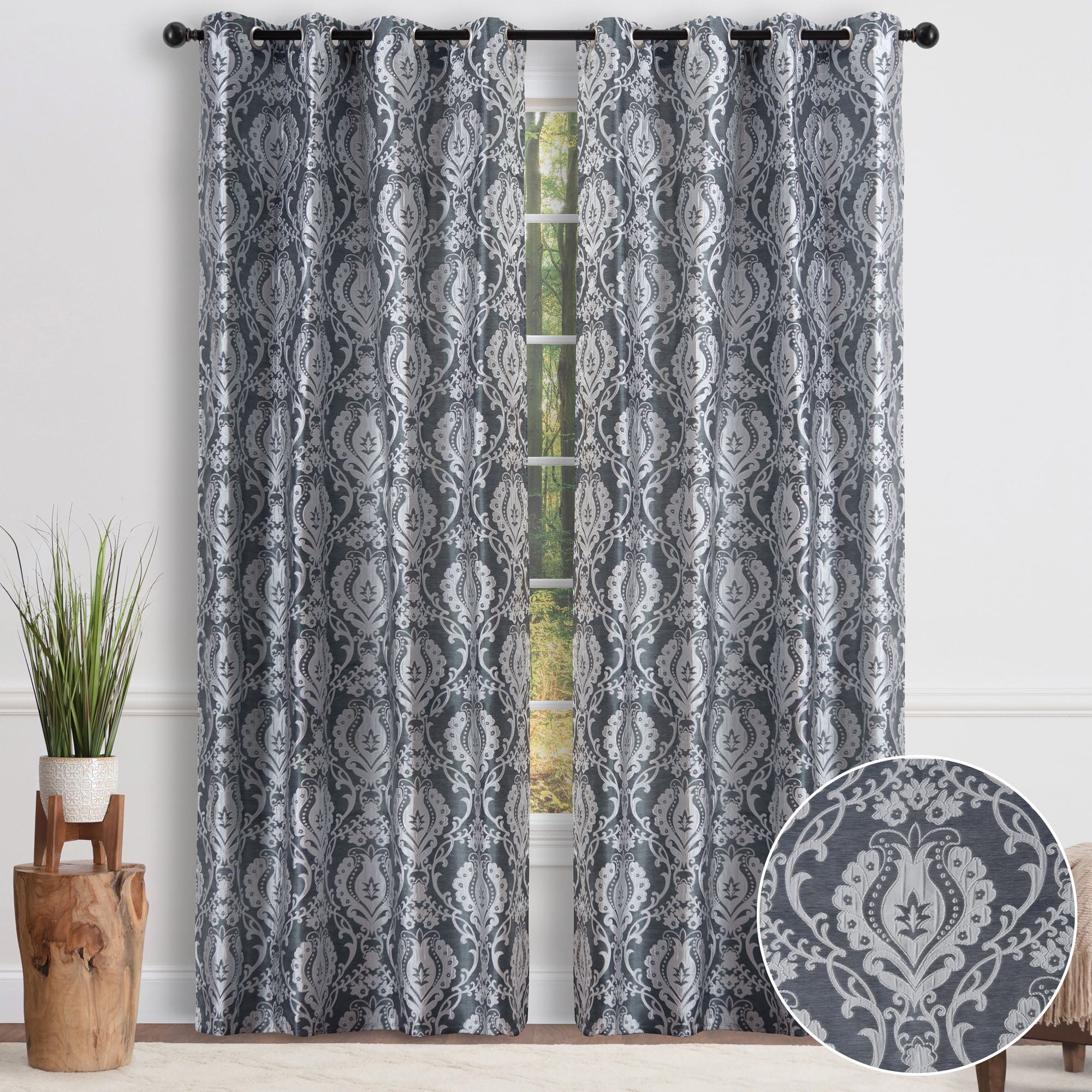 Damask Jacquard Grommet Curtains-Tolkye
