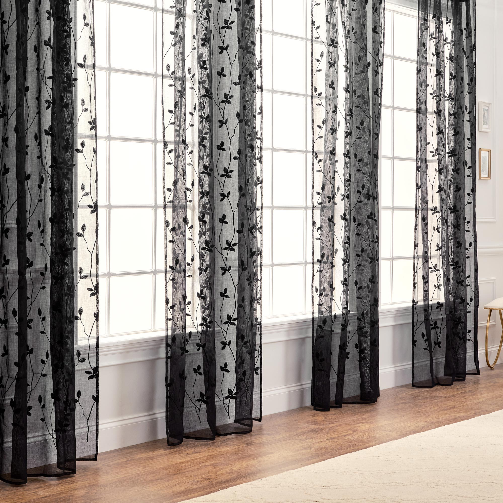 Embroidered Vine Sheer Rod Pocket Curtains-Tolkye
