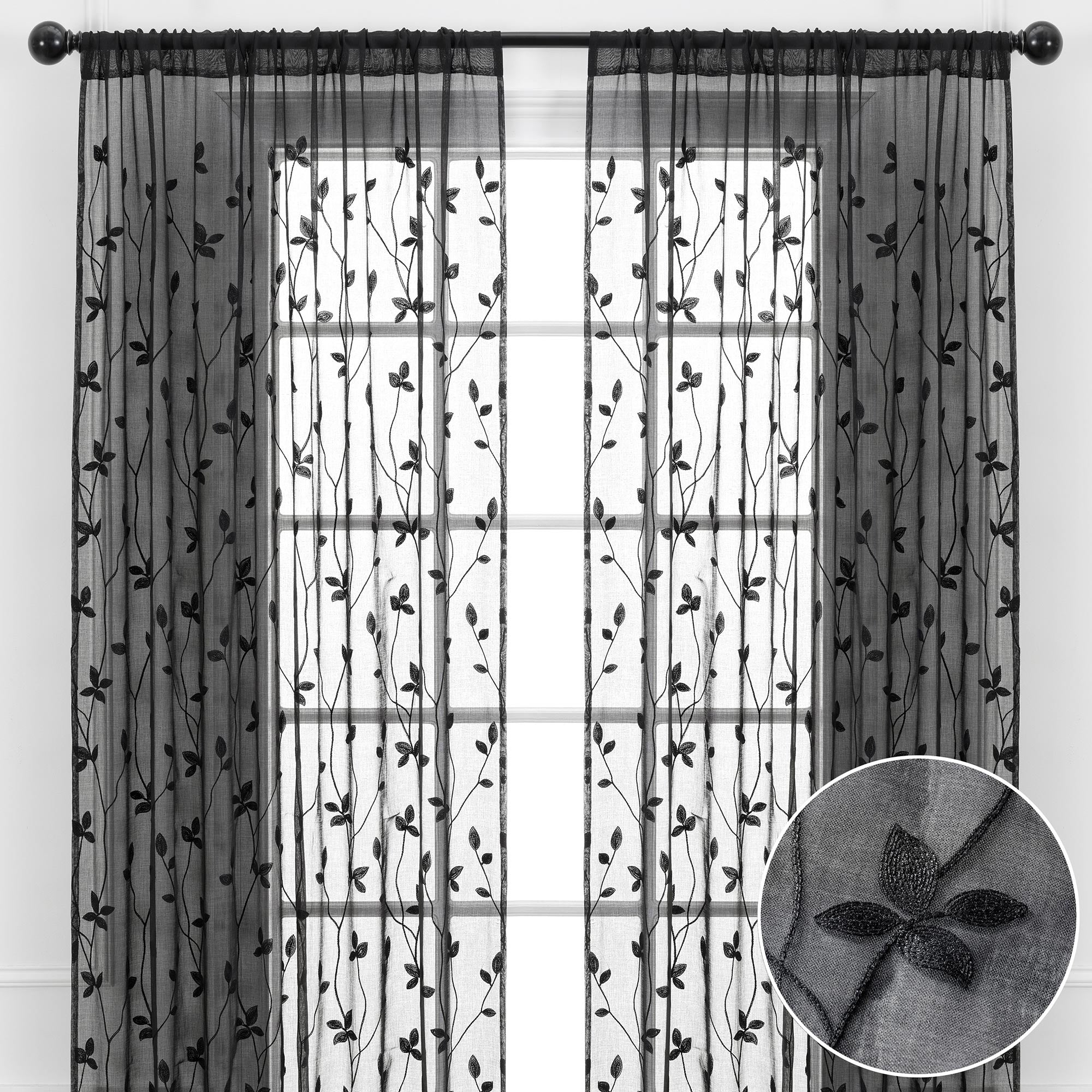 Embroidered Vine Sheer Rod Pocket Curtains-Tolkye